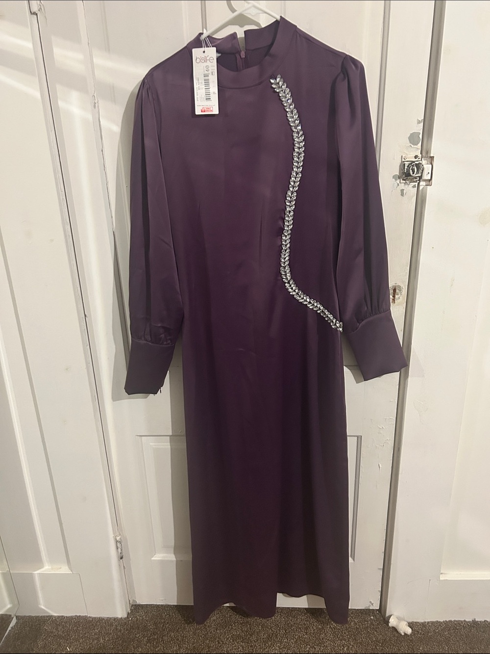Elegant Long Sleeve Purple Maxi Dress with Beaded Accent